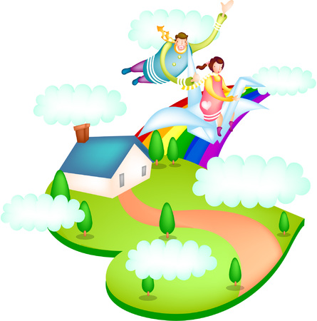 Couple flying in folded paper craneのイラスト素材