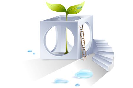 Holed cube with a ladder and sproutsのイラスト素材