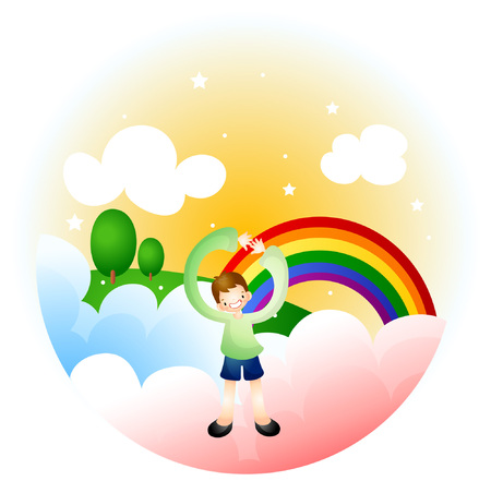 Boy raising arm on rainbow backgroundのイラスト素材