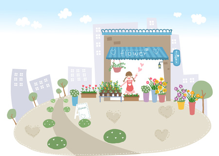 Woman waiving hand in flower shopのイラスト素材