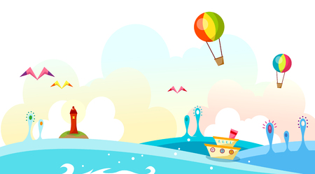 Boats on the sea waves and hot air balloon flying in the skyのイラスト素材