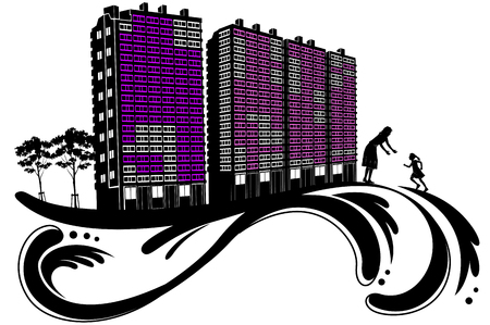 City building, flower pattern Silhouetteのイラスト素材