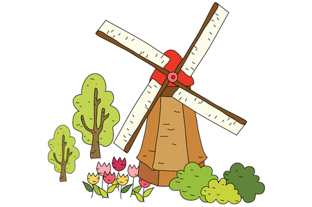 Windmill and tulipsのイラスト素材