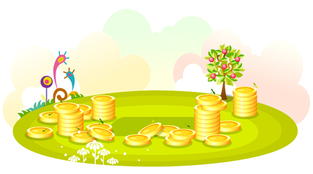 Gold coins stacked on the green hillのイラスト素材