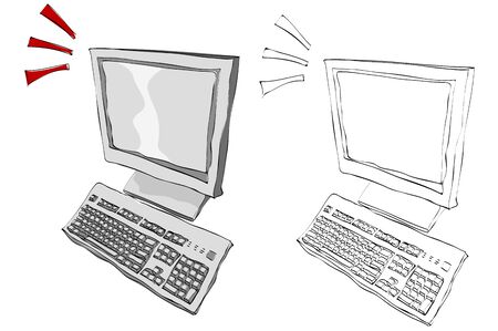Vintage style hand drawn computer monitor and keyboardのイラスト素材