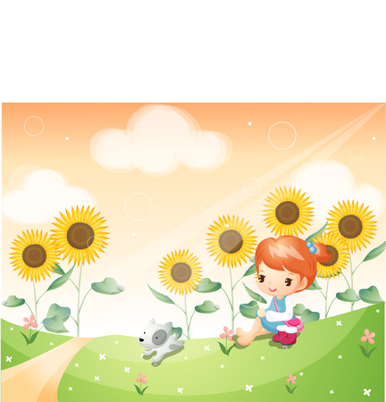 Girl playing with dog on the flower gardenのイラスト素材