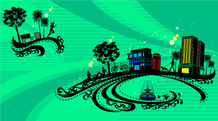 Building city and park with abstract curve decorationのイラスト素材