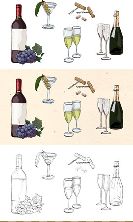 Set of vintage wine monochromatic and colored iconのイラスト素材