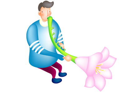 Handsome man playing flower pipeのイラスト素材