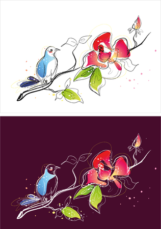 Two version background of flower and bird sketchのイラスト素材