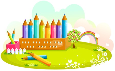 Color pencils in the building on the green fieldのイラスト素材