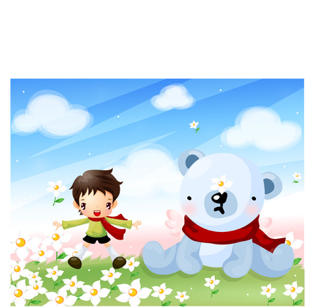 Boy playing with teddy bear on the grassのイラスト素材