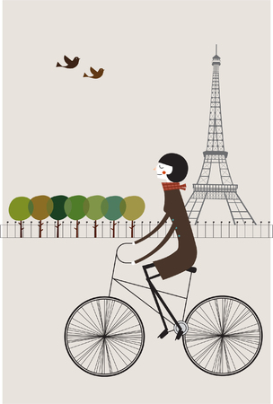woman cycling in parisのイラスト素材