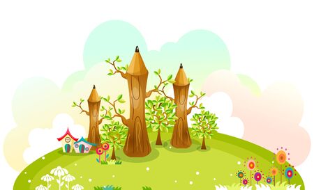 Pencil shaped trees on the green hillのイラスト素材