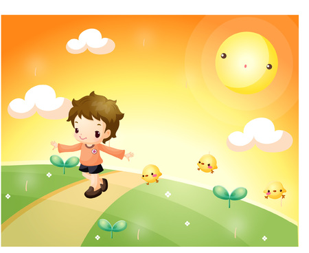 Boy talking a walk with chickのイラスト素材