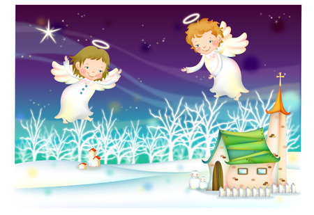 Children angels in winter town at nightのイラスト素材