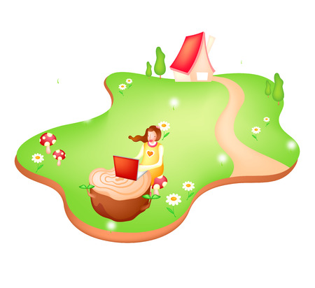 Woman using laptop on yardのイラスト素材
