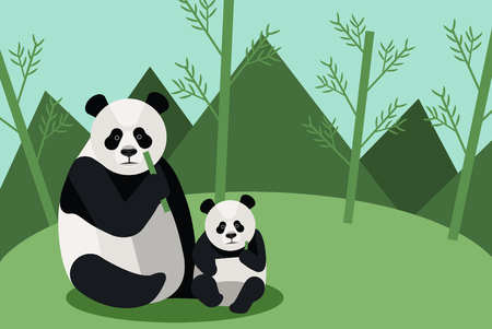 Wild panda eating bambooのイラスト素材