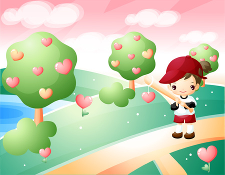 Boy with baseball bat with heart treeのイラスト素材