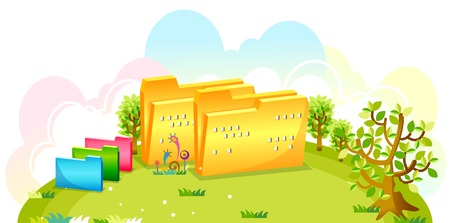 Computer folder icon shaped buildings on the green hillのイラスト素材