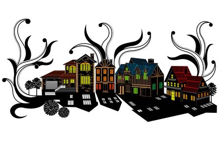 Town village, flower pattern Silhouetteのイラスト素材