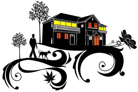 Town village, flower pattern Silhouetteのイラスト素材