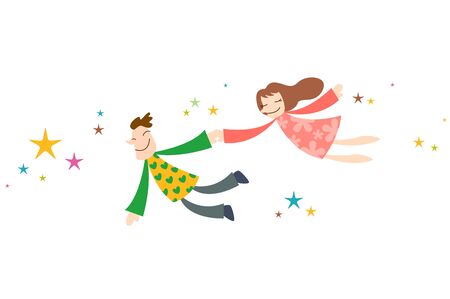 Couple flying at night skyのイラスト素材