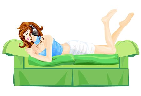 Woman listening the music on sofa bedのイラスト素材