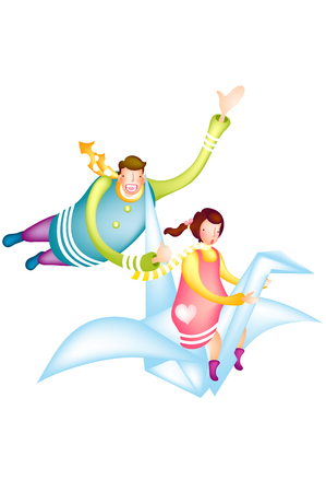 Couple riding on folded paper craneのイラスト素材