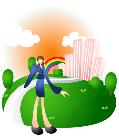 Woman thinking posing on city backgroundのイラスト素材