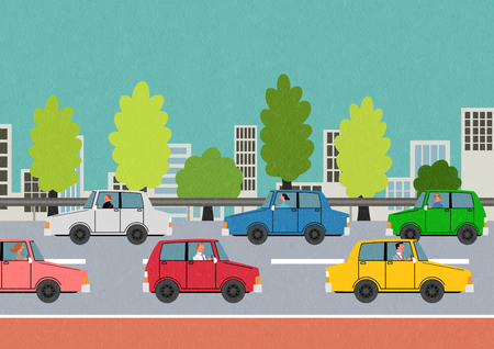 Traffic safety themed, colorful cars on street illustration.のイラスト素材