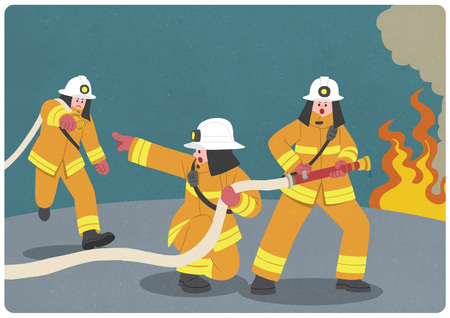 People, group of firemen trying to control the fire.のイラスト素材