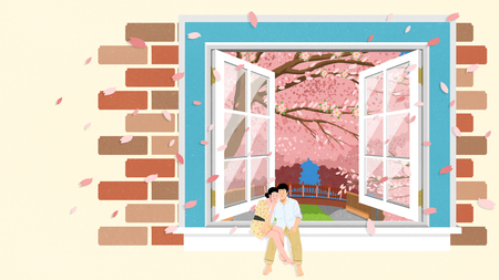 A man and woman sitting with spring season, vector illustration.のイラスト素材