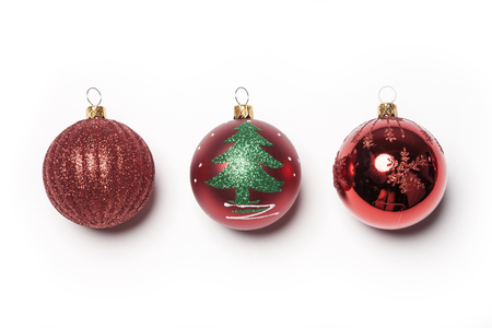 Red christmas balls isolated on white backgroundの写真素材