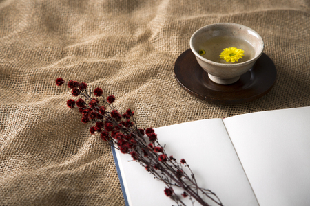 Autumn Objects - maple leafs, coffee, dry flowers, sweet persimmon 076の写真素材