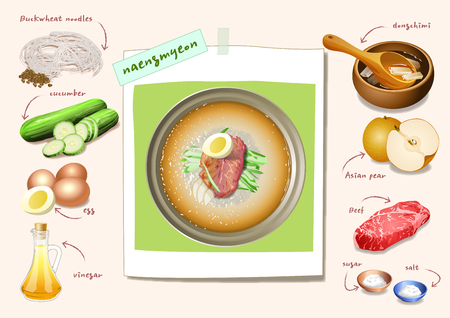 a delicacy of summer in Korea. Naengmyon, traditional Korean summer foodのイラスト素材