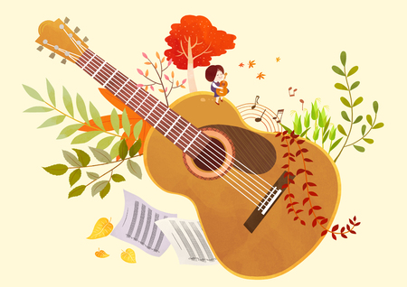Autumn object illustration - guitar and plantsのイラスト素材