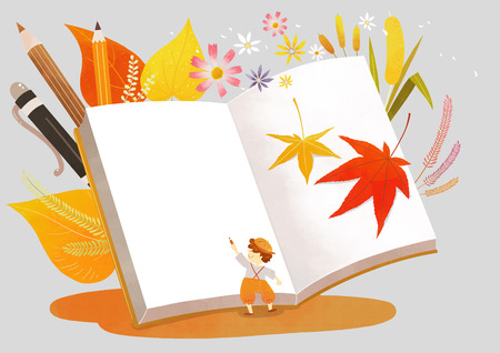 Autumn object illustration -A book with plantsのイラスト素材