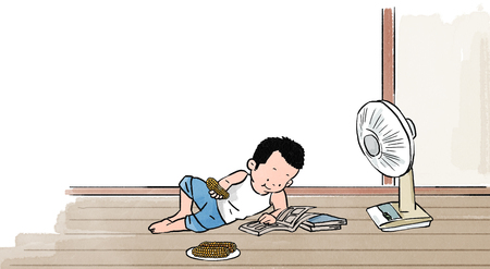 Korean man on the floor reading while eating. Vector illustration.のイラスト素材