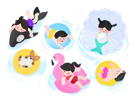 Vector illustration- children's summer, floating tubes for water play with dog and dolphin.のイラスト素材