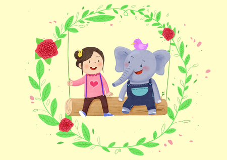 Animal friends - a little girl and an elephant on wooden swings.のイラスト素材