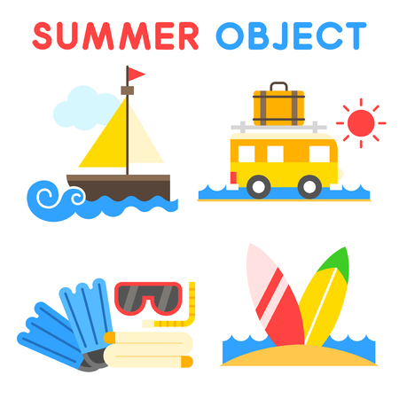 Vector - Thin line flat design concept for Summer object set. Set of color flat design concept for Summer object.のイラスト素材