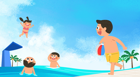 Illustration of adventure of in the water, happy time in summer beach.のイラスト素材