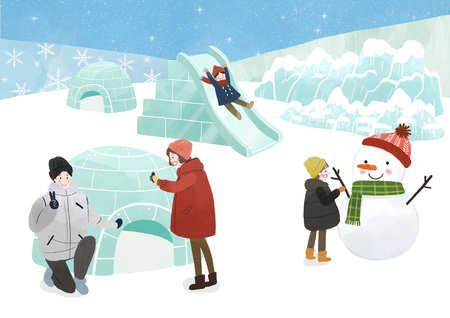 Illustration of people Enjoying the winter seasonのイラスト素材