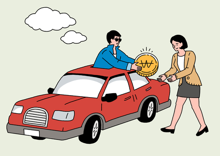 Illustration of a man in a car giving a coin to a womanのイラスト素材