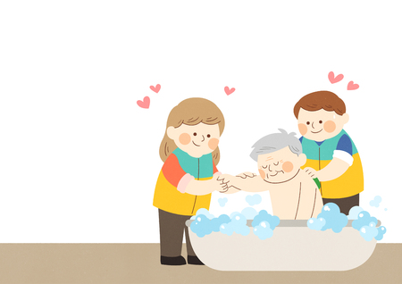 Illustration of people bathing an old manのイラスト素材