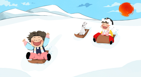 Boy and girl playing in the snow vector illustrationのイラスト素材