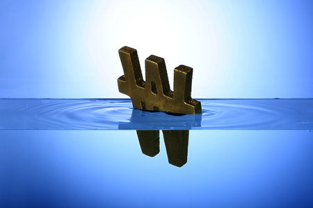 Spread, various objects in water and air bubbles over white background. 026の写真素材