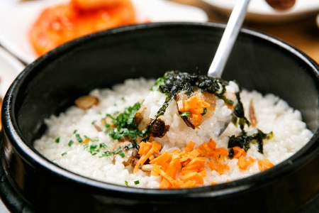 Korean food collection photo_Vegetable White rice in bowl top view Porridge, a gruel made with various vegetable. 5の写真素材
