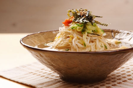 Korean food collection photo_Banquet Noodles, white noodle topping of some vegetables and egg in bowl 10の写真素材